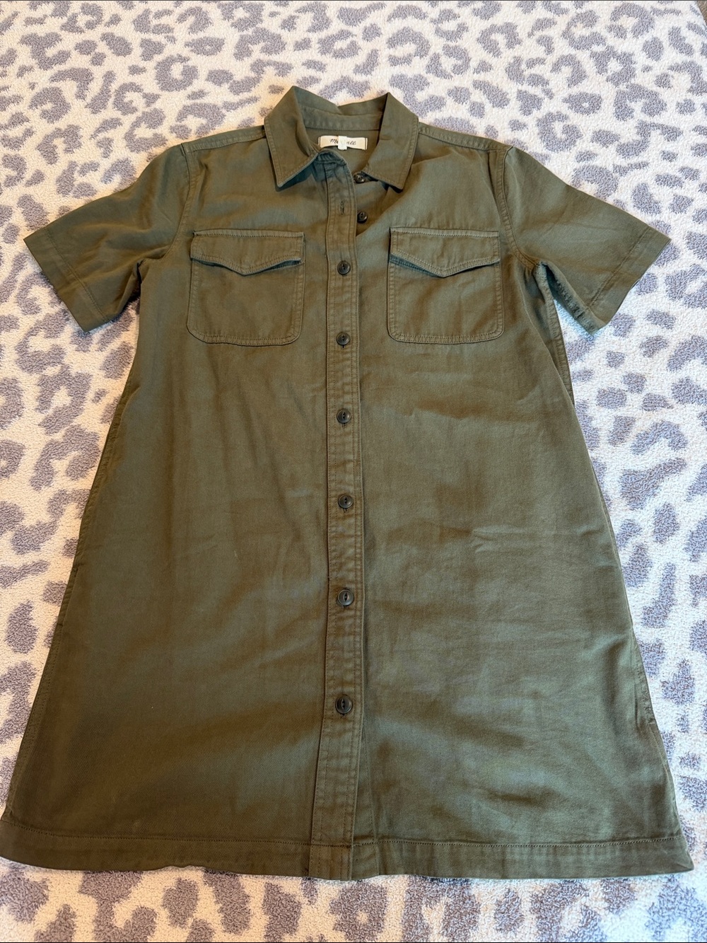 Madewell Olive Green Short-Sleeve Button-Front Shirt Dress